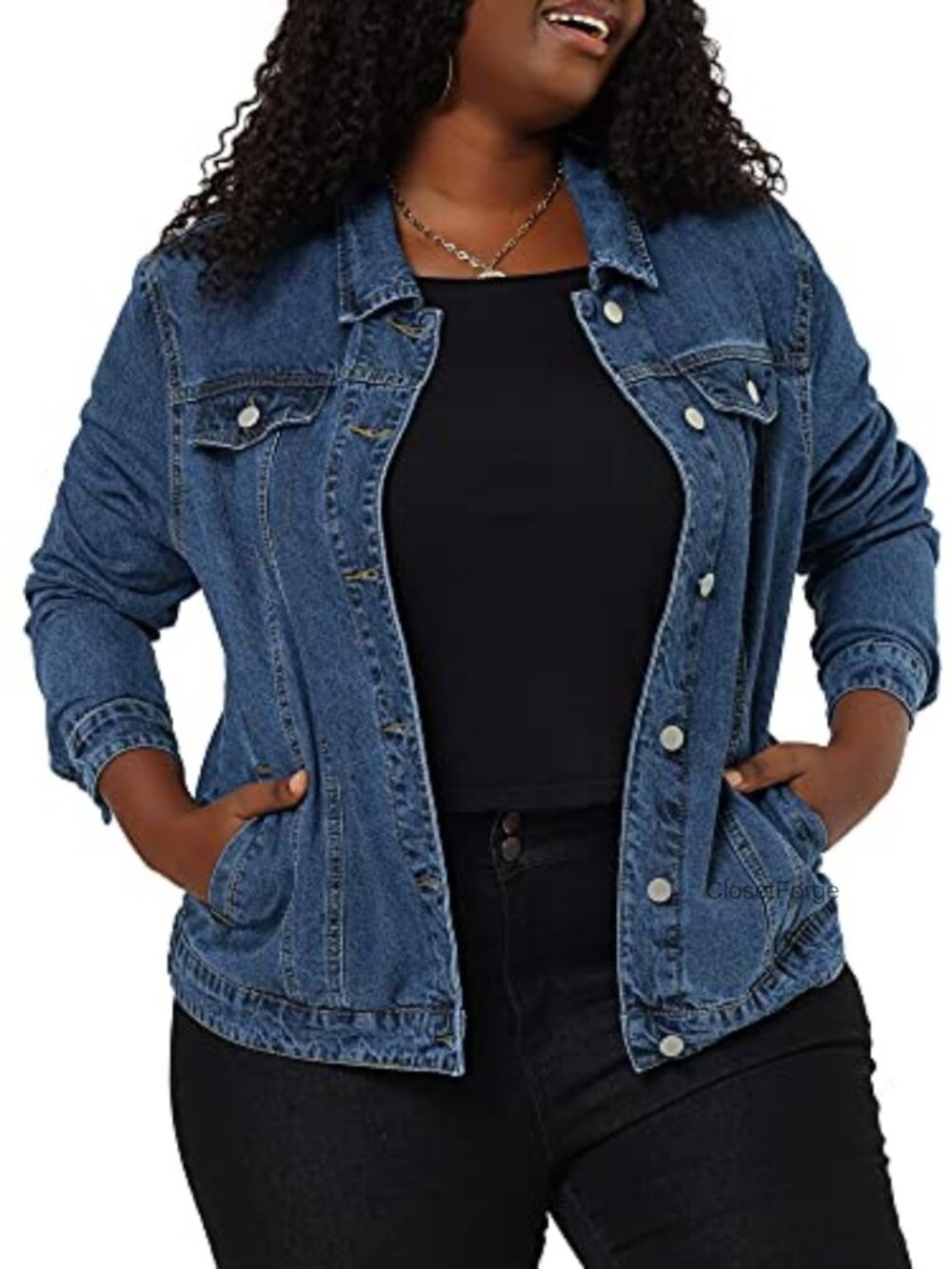 Plus Size Denim Jean Jacket Button Up Long Sleeve Lapel Neck